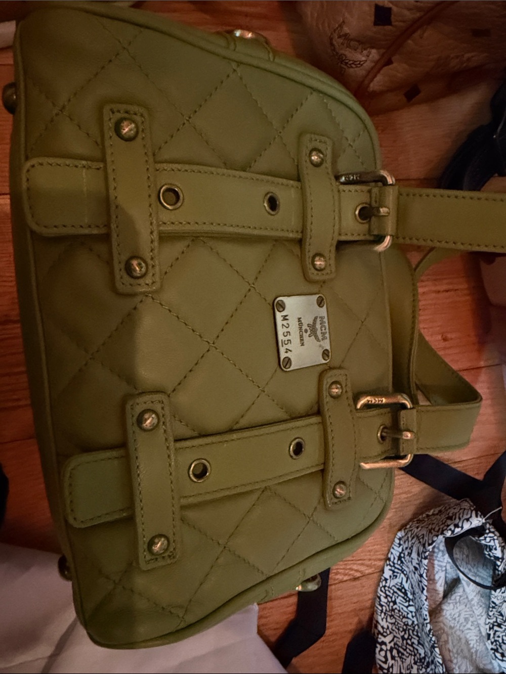 MCM Olive Quilted Shoulder Bag with Gold Hardware